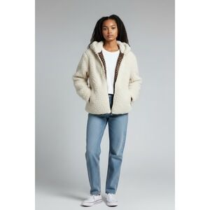 Madden Girl Cream Faux Fur Teddy Hooded Jacket Leopard Print Lining Small